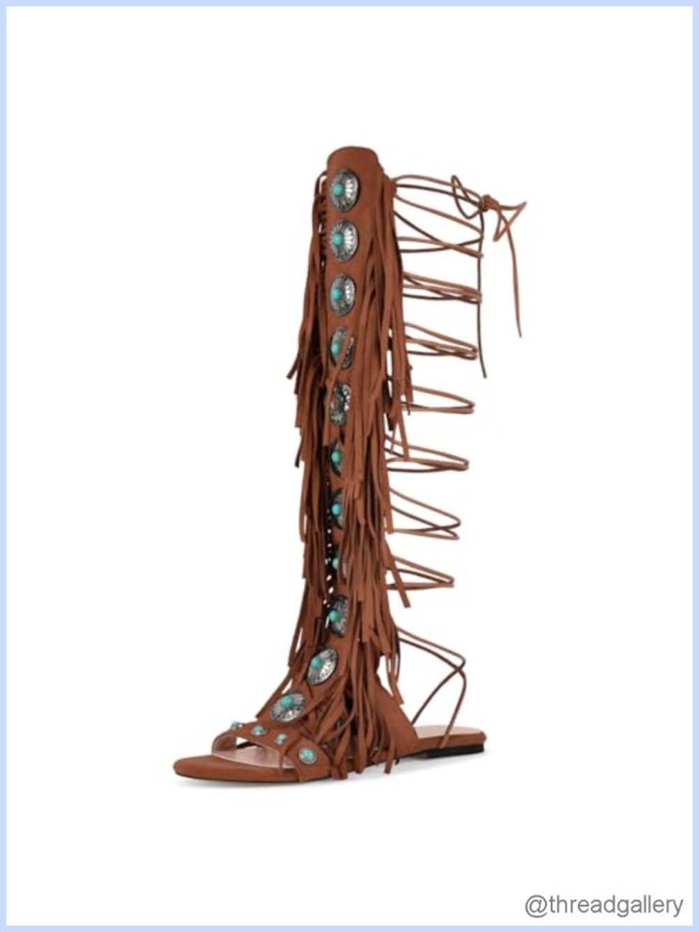 LISHAN Jewel Fringe Open Toe Flat Sandals Lace Up Bohemia Tassel Shoes